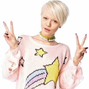 WILDFOX Womens Shooting Star Distressed Pink Knit Lennon Tunic Sweater Size XS